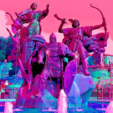 KYIV UKRAINE 09 04 17: Monument to the founders of Kyiv (three brothers - Kiy, Shchek, Horiv and their sister - Libed) in square of independence in Kyiv, Ukraine sign illustration pop-art background