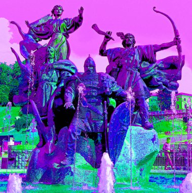 KYIV UKRAINE 09 04 17: Monument to the founders of Kyiv (three brothers - Kiy, Shchek, Horiv and their sister - Libed) in square of independence in Kyiv, Ukraine sign illustration pop-art background