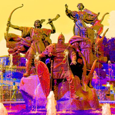 KYIV UKRAINE 09 04 17: Monument to the founders of Kyiv (three brothers - Kiy, Shchek, Horiv and their sister - Libed) in square of independence in Kyiv, Ukraine sign illustration pop-art background