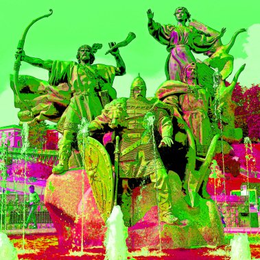 KYIV UKRAINE 09 04 17: Monument to the founders of Kyiv (three brothers - Kiy, Shchek, Horiv and their sister - Libed) in square of independence in Kyiv, Ukraine sign illustration pop-art background