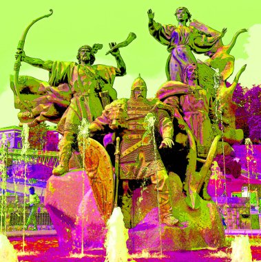KYIV UKRAINE 09 04 17: Monument to the founders of Kyiv (three brothers - Kiy, Shchek, Horiv and their sister - Libed) in square of independence in Kyiv, Ukraine sign illustration pop-art background