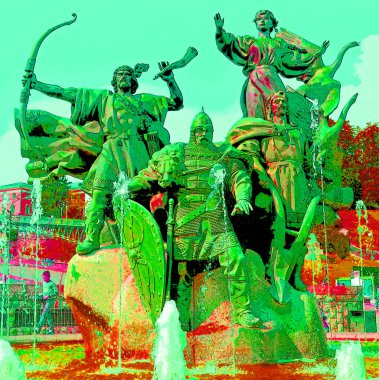 KYIV UKRAINE 09 04 17: Monument to the founders of Kyiv (three brothers - Kiy, Shchek, Horiv and their sister - Libed) in square of independence in Kyiv, Ukraine sign illustration pop-art background