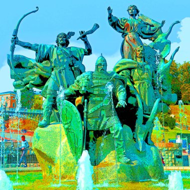 KYIV UKRAINE 09 04 17: Monument to the founders of Kyiv (three brothers - Kiy, Shchek, Horiv and their sister - Libed) in square of independence in Kyiv, Ukraine sign illustration pop-art background