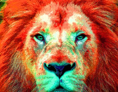 Pop sanat tarzında aslan başı illüstrasyonu, renkli simge
