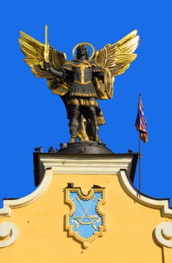 KYIV UKRAINE 09 03 17: Gold plated bronze statue of Archangel Michael Saint patron of Kiev in independence square (Maydan Nezalezhnosti)