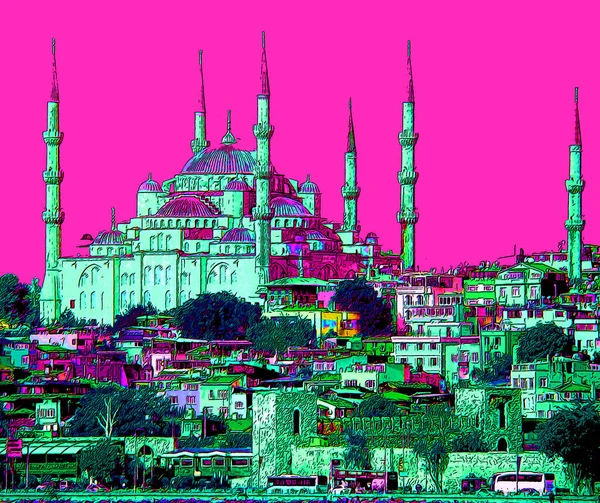 Mosquée Bleue Signe Illustration Pop Art Icône Fond Avec Des — Photo