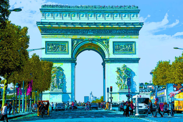 PARIS, FRANCE OCTOBER 17 2013: The Arc de Triomphe de l`Etoile `Triumphal Arch of the Star` sign illustration pop-art background icon with colors spots