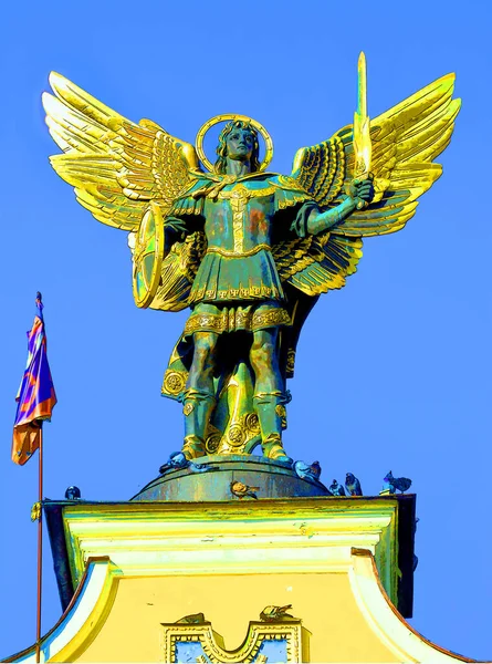 Kyiv Ukraine Gold Plated Bronze Statue Archangel Michael Saint Patron — стоковое фото