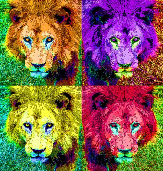 Lion head illustration in pop art style, set of icon with color