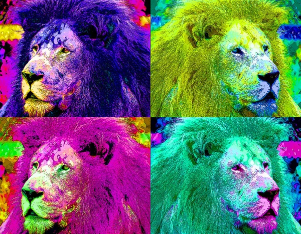 Lion head illustration in pop art style, set of icon with color