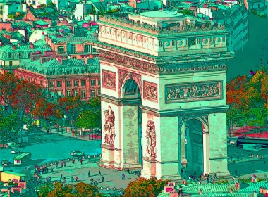PARIS, FRANCE OCTOBER 17 2013: The Arc de Triomphe de l`Etoile `Triumphal Arch of the Star` sign illustration pop-art background icon with colors spots