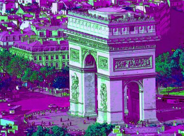 PARIS, FRANCE OKTOBER 17 2013: The Arc de Triomphe de l 'Etoile' Triumphal Arch of the Star 'işareti renkli pop-art arkaplan simgesi