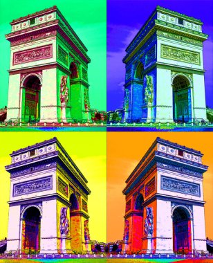 PARIS, FRANCE OKTOBER 17 2013: The Arc de Triomphe de l 'Etoile' Triumphal Arch of the Star 'işareti renkli pop-art arkaplan simgesi