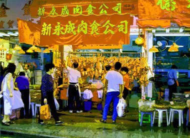 HONG KONG CHINA 05 10 1999: Colorful advertisement banners of local meat market in Kowloon Pop art retro sign illustration background icon with color spots