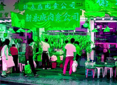 HONG KONG CHINA 05 10 1999: Colorful advertisement banners of local meat market in Kowloon Pop art retro sign illustration background icon with color spots