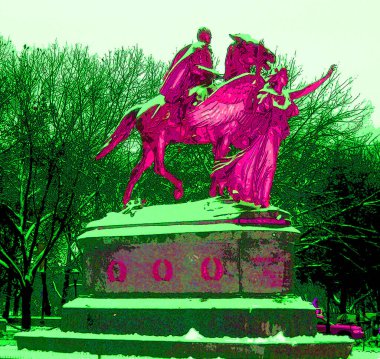 NEW YORK USA OCT 28 2013: Majestic, gilded-bronze equestrian group statue for one of the United States' best-known generals, William Tecumseh Sherman (1820 - 1891) icon with color spots.