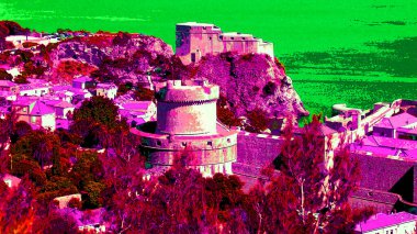 ancient castle on seashore illustration background with color spots