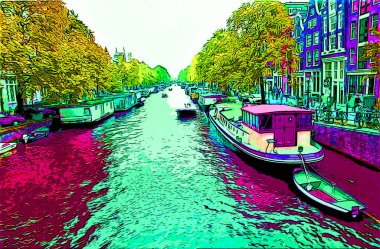 AMSTERDAM NETHERLANDS OCTOBER 03 2015: Typical canal Houses sign pop art illustration background icon with color spots