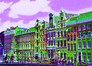 AMSTERDAM NETHERLANDS 3 Ekim 2015: Tipik Kanal Evleri, renk lekeli pop sanatları arka plan ikonunu imzaladı