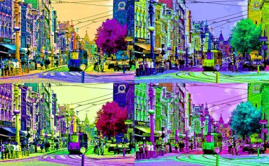 AMSTERDAM NETHERLANDS 10 02 15: Downtown Amsterdam and network it has been operated by municipal public transport operator GVB sign illustration pop-art background icon with color