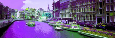 AMSTERDAM NETHERLANDS OCTOBER 03 2015: Typical canal Houses sign pop art illustration background icon with color spots