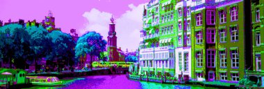 AMSTERDAM NETHERLANDS OCTOBER 03 2015: Typical canal Houses sign pop art illustration background icon with color spots