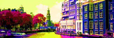 AMSTERDAM NETHERLANDS OCTOBER 03 2015: Typical canal Houses sign pop art illustration background icon with color spots