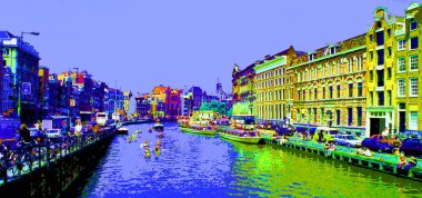 AMSTERDAM NETHERLANDS OCTOBER 03 2015: Typical canal Houses sign pop art illustration background icon with color spots