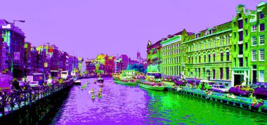 AMSTERDAM NETHERLANDS OCTOBER 03 2015: Typical canal Houses sign pop art illustration background icon with color spots