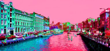 AMSTERDAM NETHERLANDS OCTOBER 03 2015: Typical canal Houses sign pop art illustration background icon with color spots