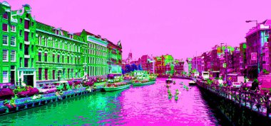 AMSTERDAM NETHERLANDS OCTOBER 03 2015: Typical canal Houses sign pop art illustration background icon with color spots
