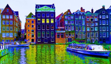 AMSTERDAM NETHERLANDS OCTOBER 03 2015: Typical canal Houses sign pop art illustration background icon with color spots