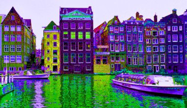AMSTERDAM NETHERLANDS OCTOBER 03 2015: Typical canal Houses sign pop art illustration background icon with color spots