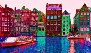 AMSTERDAM NETHERLANDS OCTOBER 03 2015: Typical canal Houses sign pop art illustration background icon with color spots