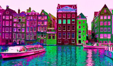 AMSTERDAM NETHERLANDS OCTOBER 03 2015: Typical canal Houses sign pop art illustration background icon with color spots