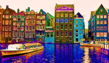 AMSTERDAM NETHERLANDS OCTOBER 03 2015: Typical canal Houses sign pop art illustration background icon with color spots