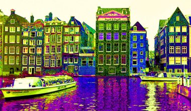 AMSTERDAM NETHERLANDS OCTOBER 03 2015: Typical canal Houses sign pop art illustration background icon with color spots