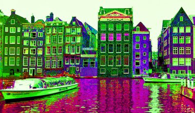 AMSTERDAM NETHERLANDS OCTOBER 03 2015: Typical canal Houses sign pop art illustration background icon with color spots