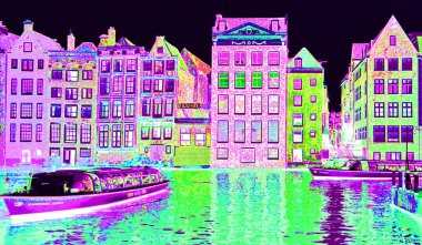 AMSTERDAM NETHERLANDS OCTOBER 03 2015: Typical canal Houses sign pop art illustration background icon with color spots