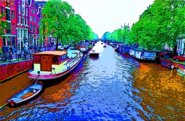 AMSTERDAM NETHERLANDS OCTOBER 03 2015: Typical canal Houses sign pop art illustration background icon with color spots