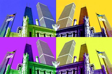 modern city illustration pop-art background with color spots