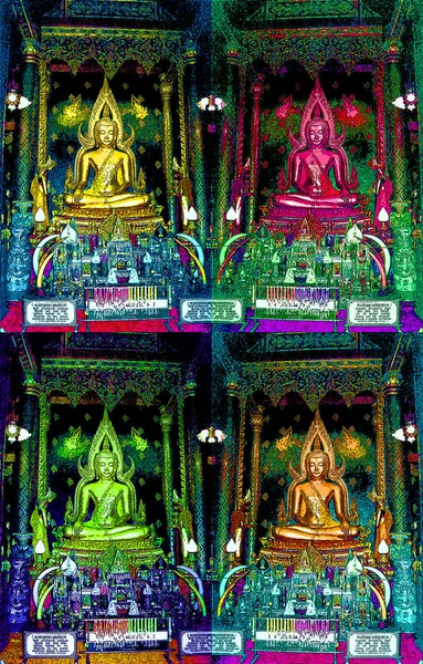 Sukhotai Thailand 1999 Pagoda Buddha Pop Art Retro Sign Illustration — стоковое фото