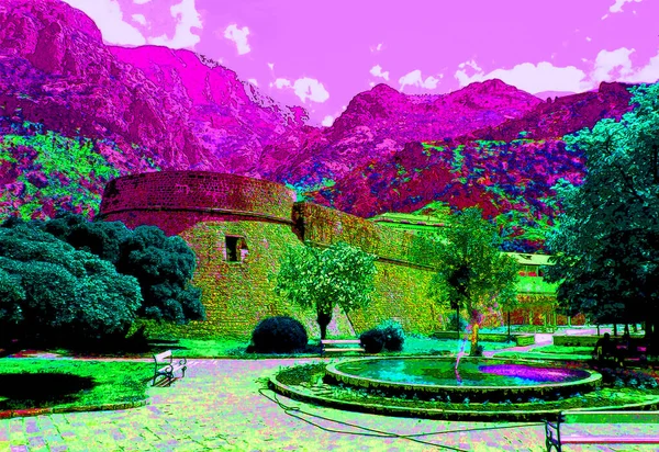 Ancient Castle Mountains Illustration Background Color Spots — Stok fotoğraf