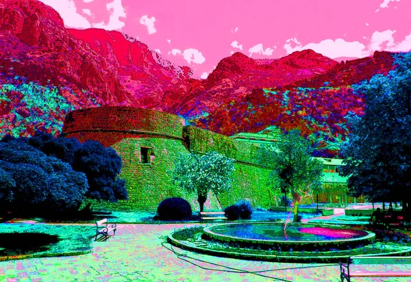 Ancient Castle Mountains Illustration Background Color Spots — Foto de Stock