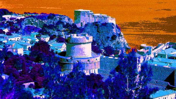 Ancient Castle Mountains Illustration Background Color Spots — Stok fotoğraf