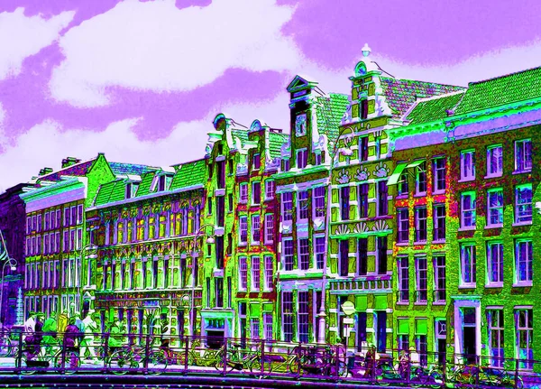 Amsterdam Netherlands Ekim 2015 Tipik Kanal Evleri Renk Lekeli Pop — Stok fotoğraf