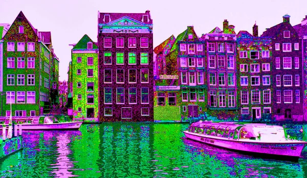 AMSTERDAM NETHERLANDS OCTOBER 03 2015: Typical canal Houses sign pop art illustration background icon with color spots
