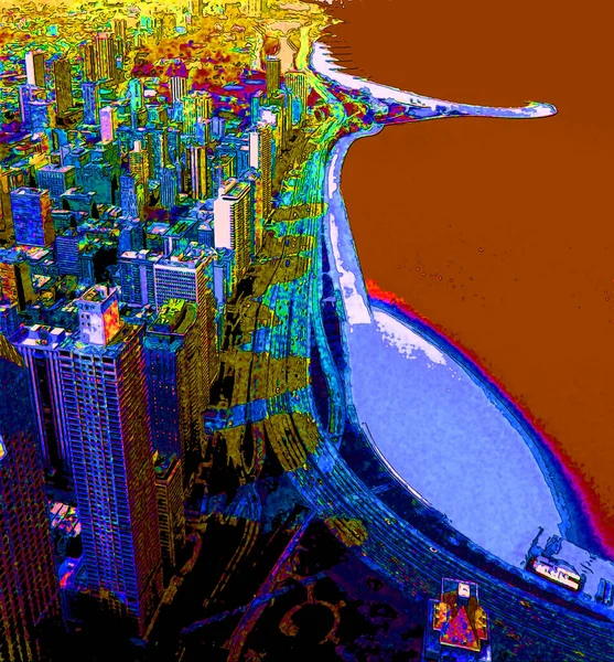 Modern City Seashore Illustration Pop Art Background Color Spots — Stock Fotó