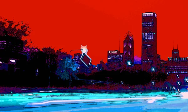 modern city skyline illustration pop-art background with color spots