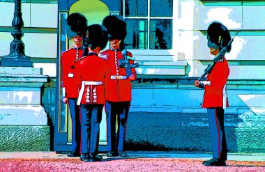 LONDON - ENGLAND JUNE 02: Queen's Guard Tower of London on June 02 2012. The Queen's Guard is the contingents of infantry and cavalry soldiers sign illustration pop-art background icon with color